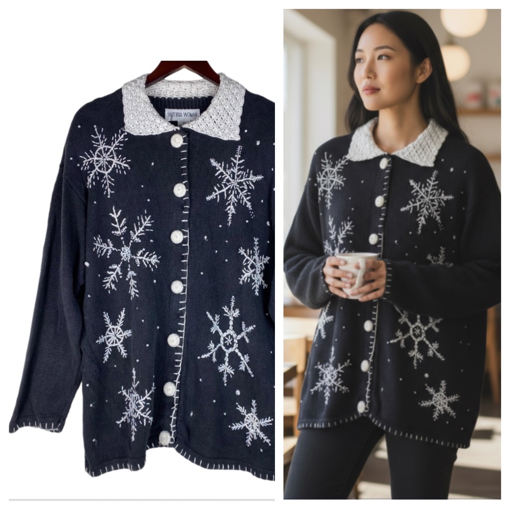 Vtg Victoria Woman 1X 16 18 Sweater Beaded Embellished Black Snowflake Holiday